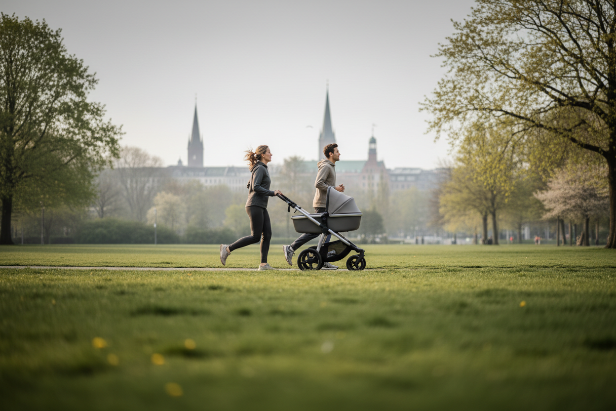 Hero-Banner: Eltern joggen gemeinsam im Hamburger Park